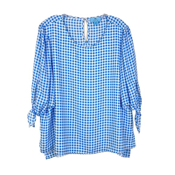 CeCe Women’s Blouse Size XL Blue White Checked Elbow Tie Sleeve Back Keyhole - Picture 1 of 5